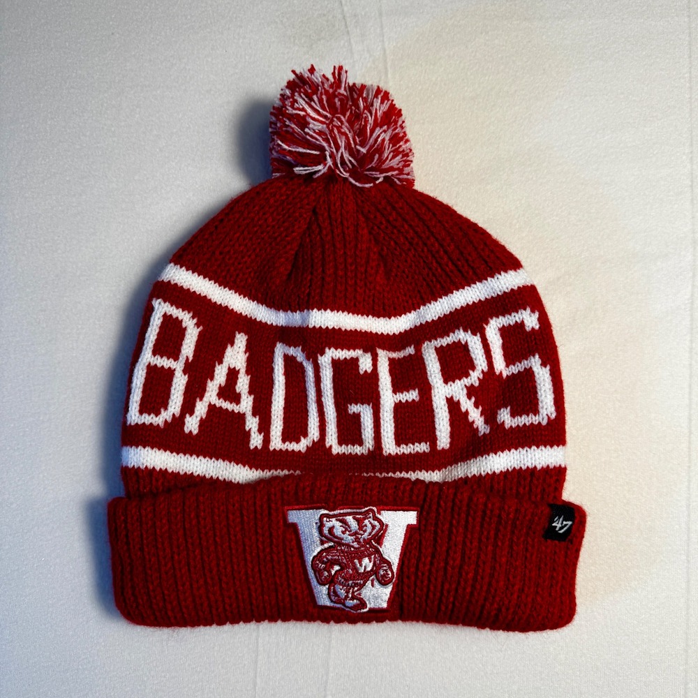 Wisconsin Badgers '47 Brand Vintage Knit Hat Beanie Red White Striped Pom‎ Bucky